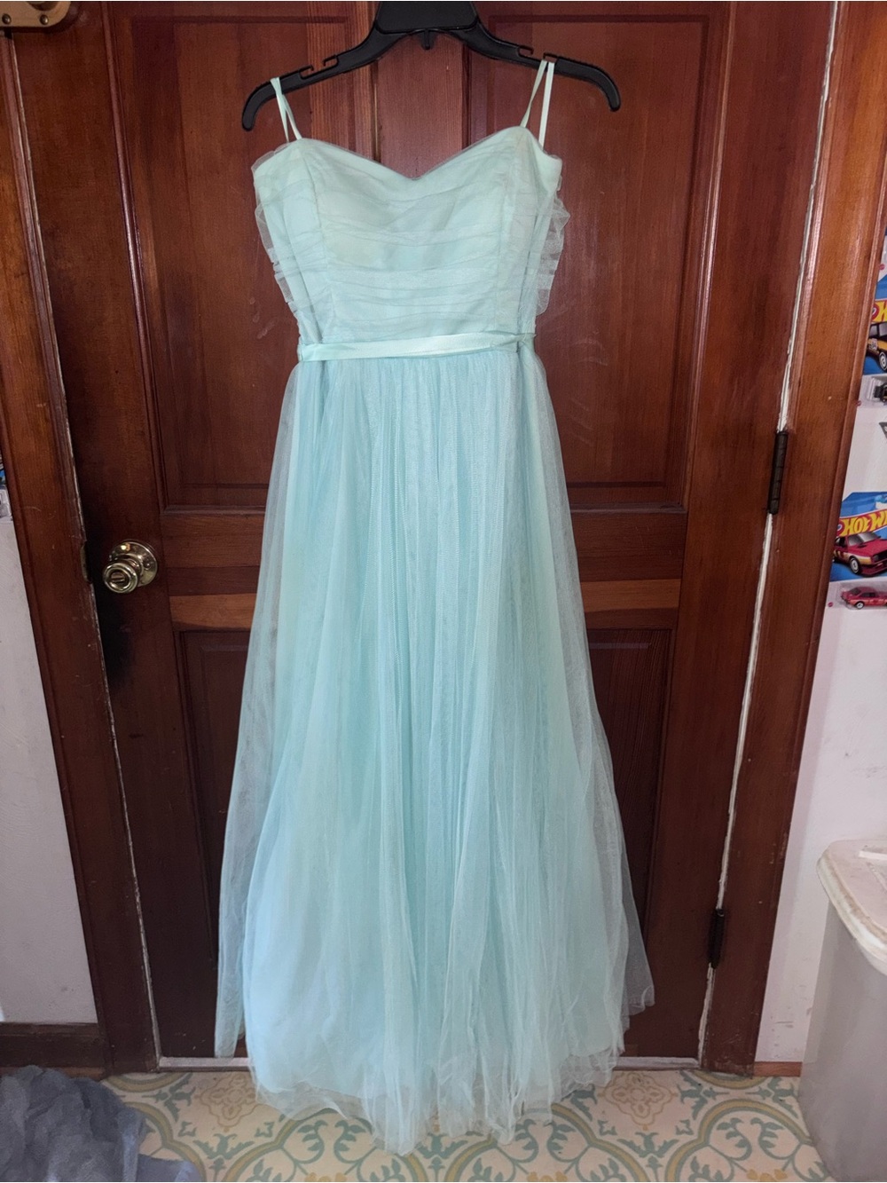 Breezies Mint Blue Tulle Spaghetti Strapless Prom Gown